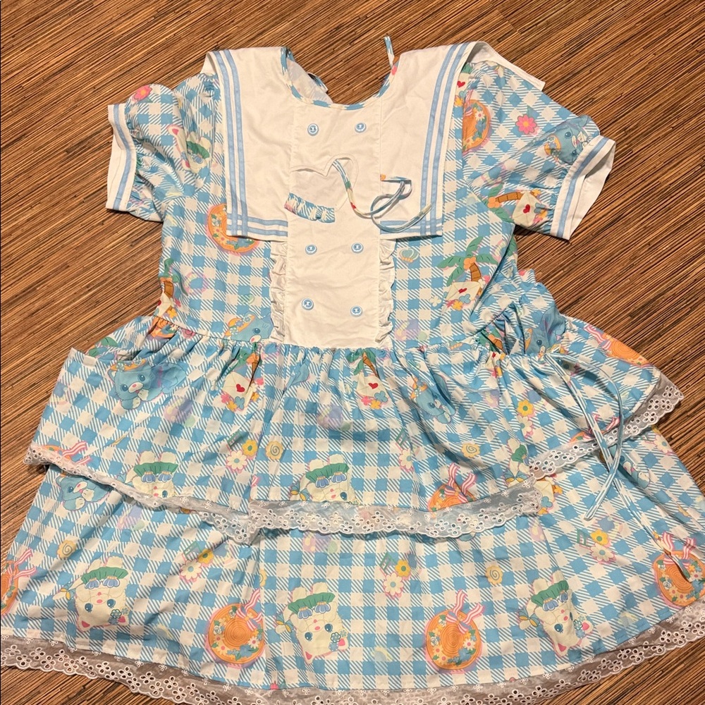 Blue Checkered Baby Dress with Animal Print